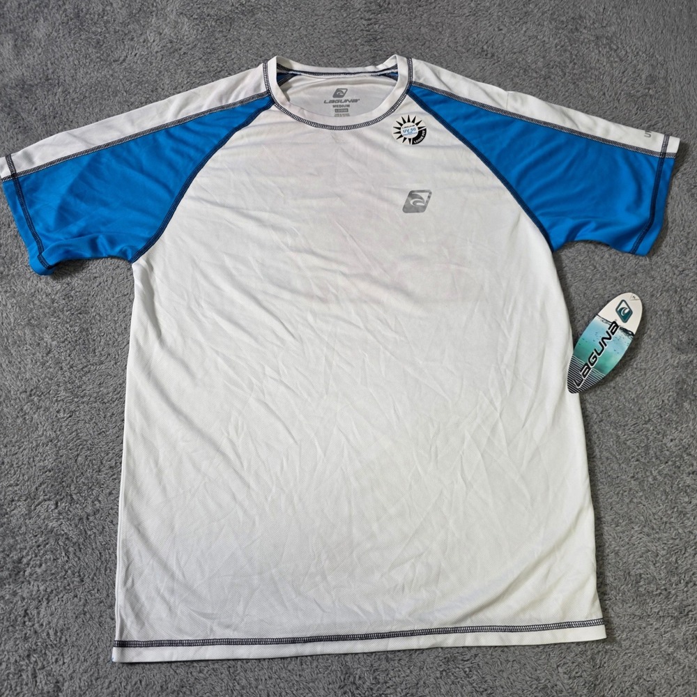 Laguna Mens Medium Rash Guard White Blue UPF 50+ Short Sleeve Swim Shirt L943134